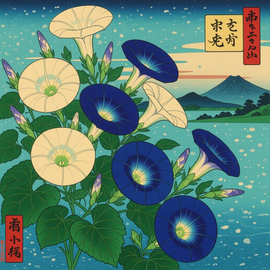 Morning Glory Prayers in Japanese Ukiyo-e Style