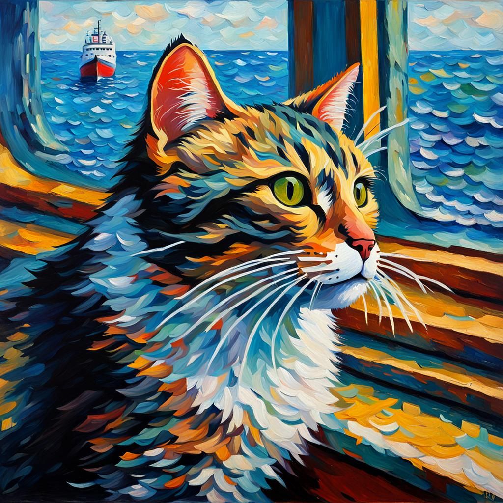Cat with Monocle at Sea: Neo-Impressionist Oil Painting