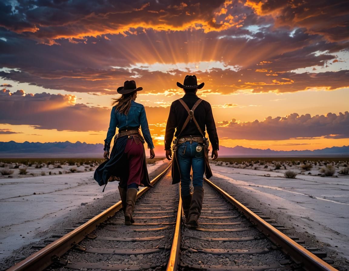 Cowboy and Cowgirl Sunset Silhouette in Desert
