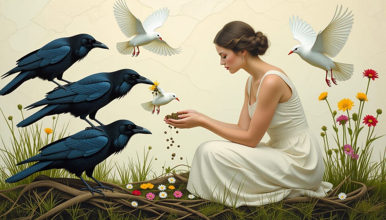 Woman and Birds: Surreal Eco-Art Collage