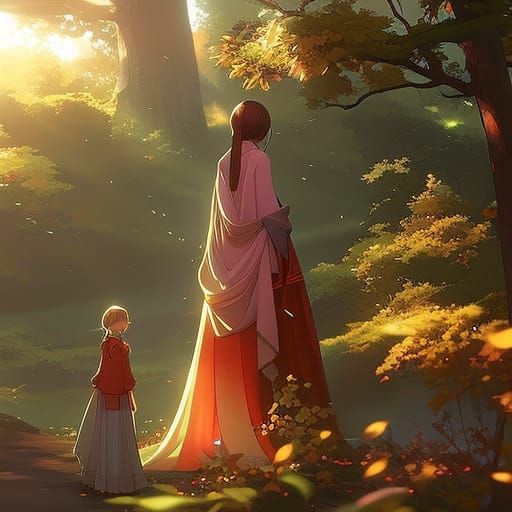 Ethereal Mother and Daughter in Autumn Rain