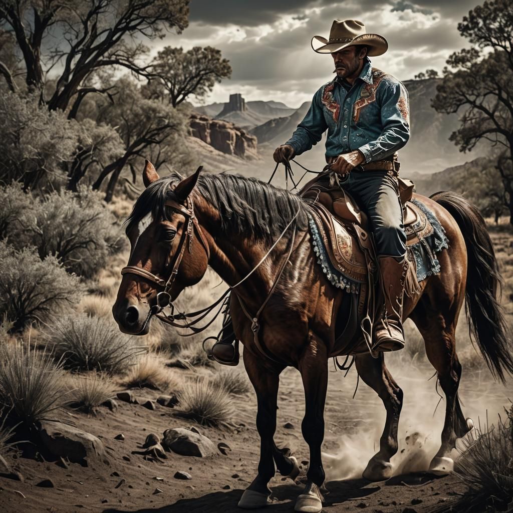 Psychedelic Cowboy on Horse in HDR