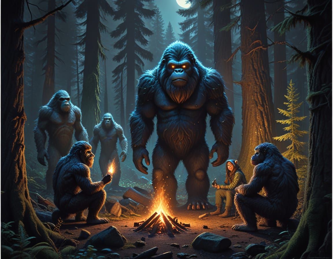 Forest Campfire Scene with Bigfoot and Aliens