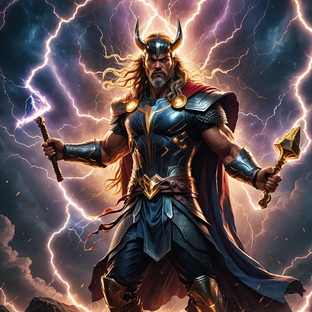 God of Thunder Casts Lightning: Holographic Illustration