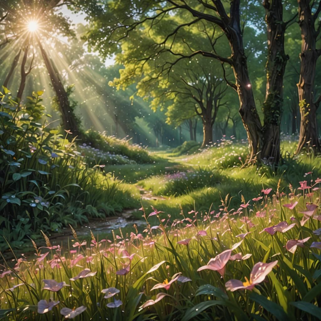 Ethereal Fantasy Landscape with Dew-Covered Grass
