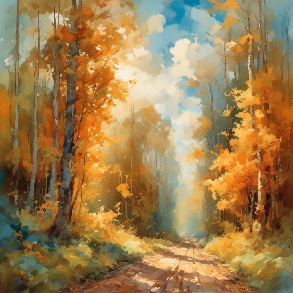 Golden Autumn Forest Path in Impressionist Style