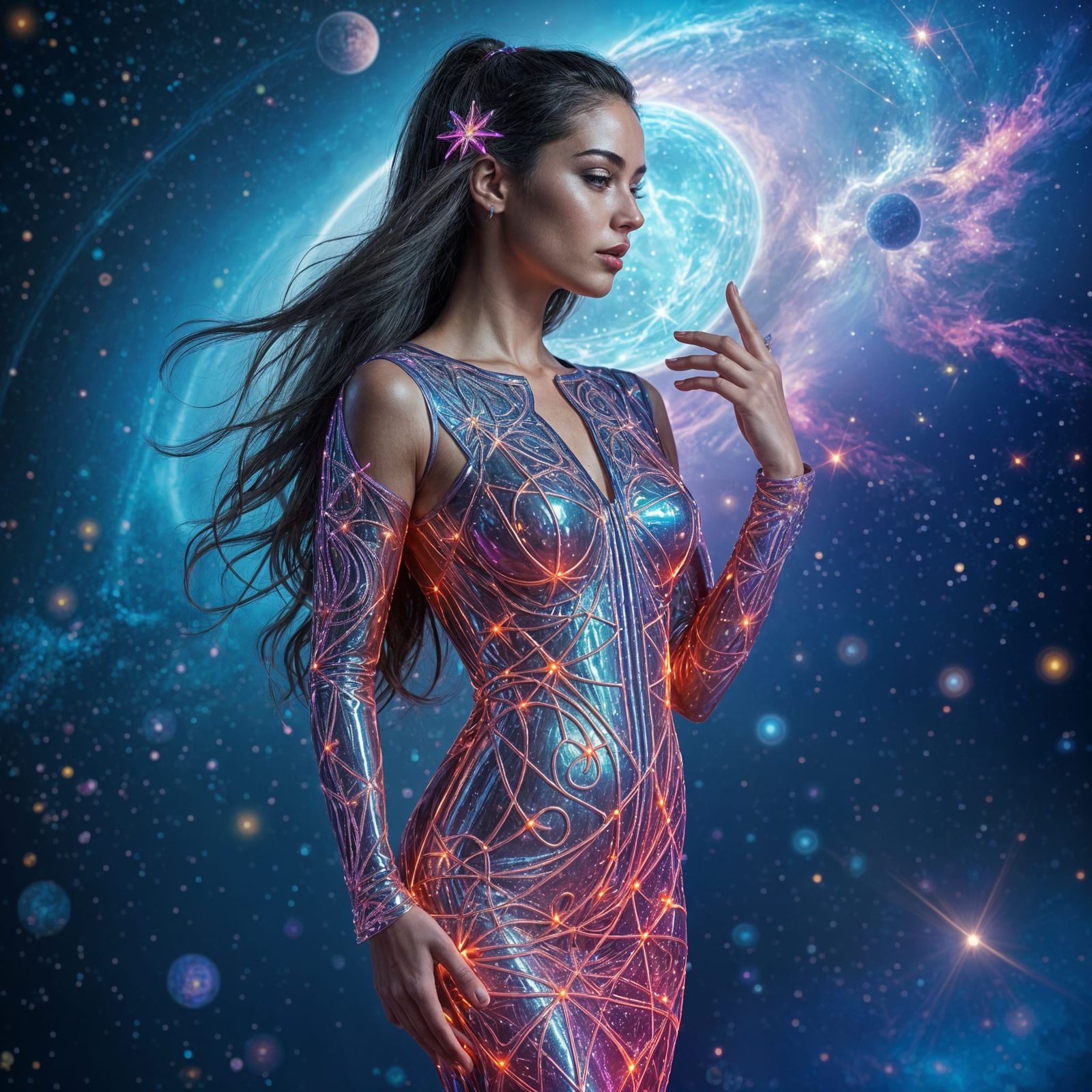 Model in LED Dress: Cosmic Mixed Media Art