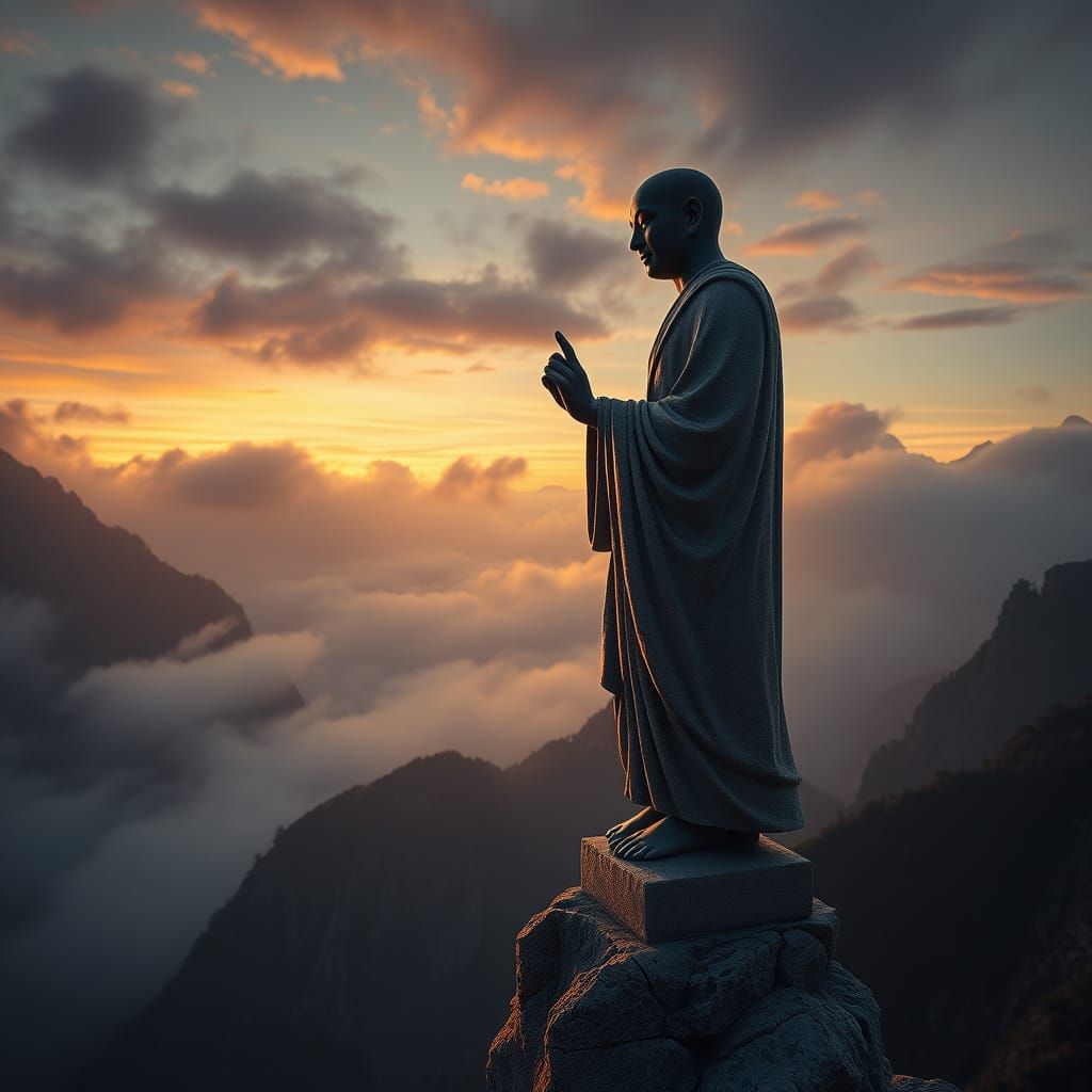 Ethereal Monk Statue on Index Finger, Majestic Mountain Land...