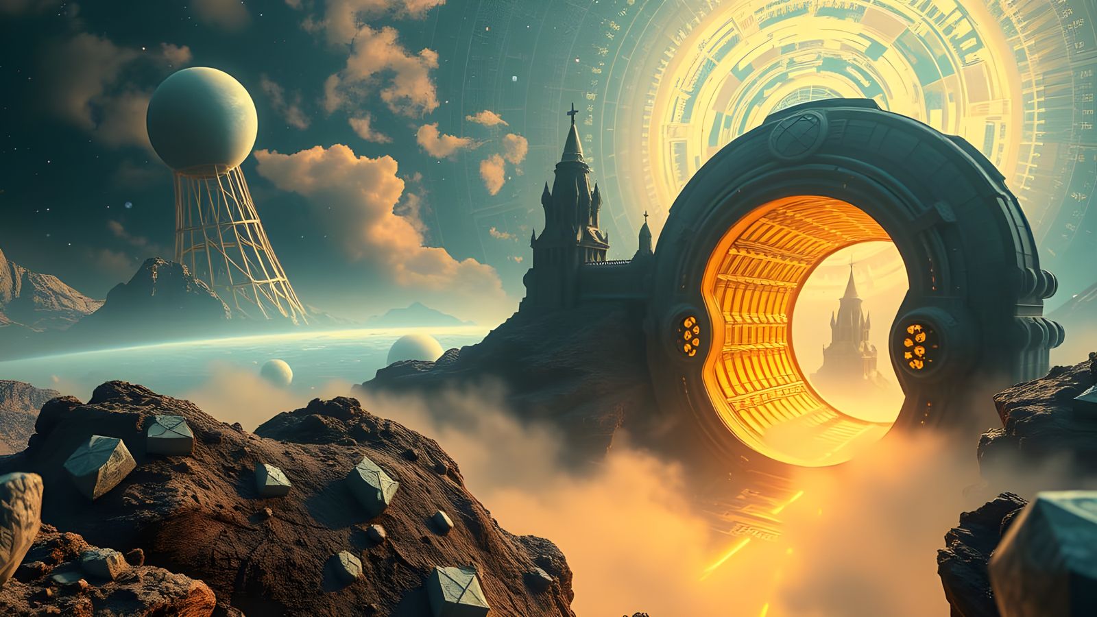 Stunning Sci-Fi Planetary Landscape with Bioluminescent Port...