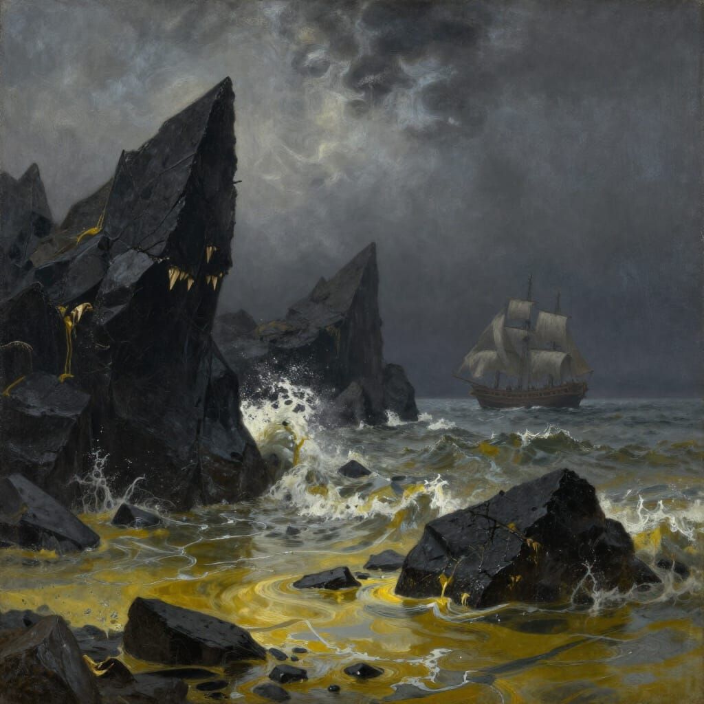 Shipwreck Coast Landscape: Jagged Rocks and Oily Sea