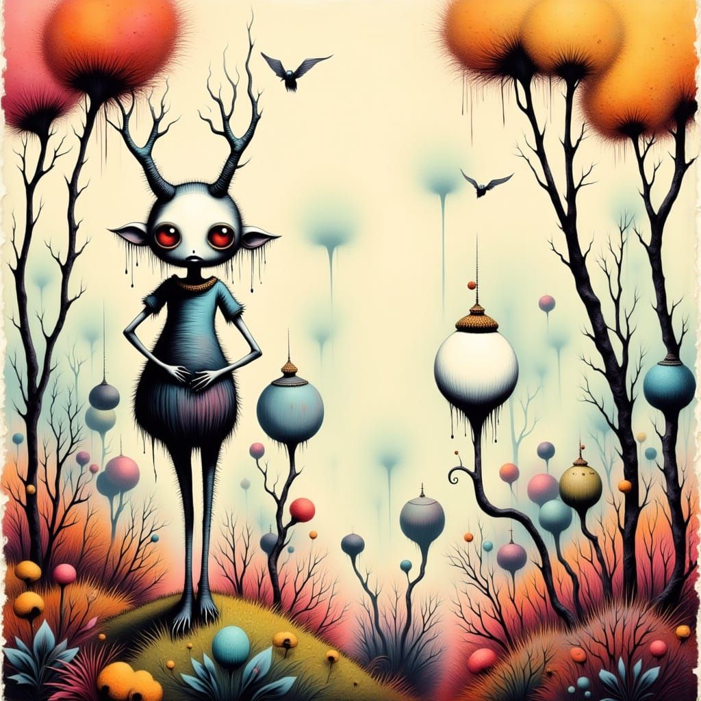 Whimsical Character Meets Sculpted Forms in Surreal Landscap...