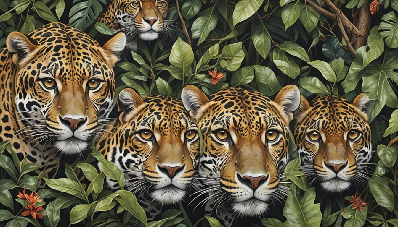 Detailed Portrait of a Jaguar in Rainforest Habitat