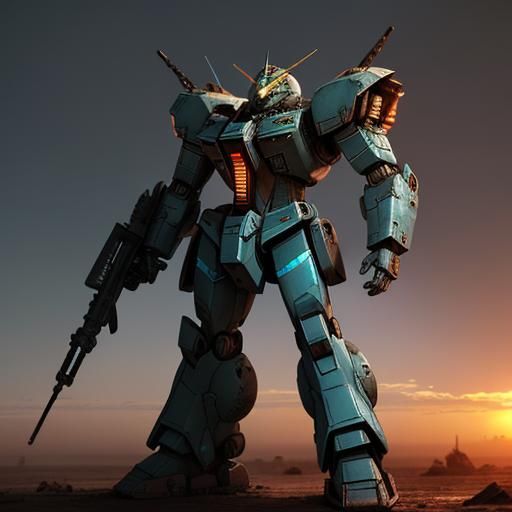 Victorious Mobile Armor Mech in Metallic Sci-Fi Landscape