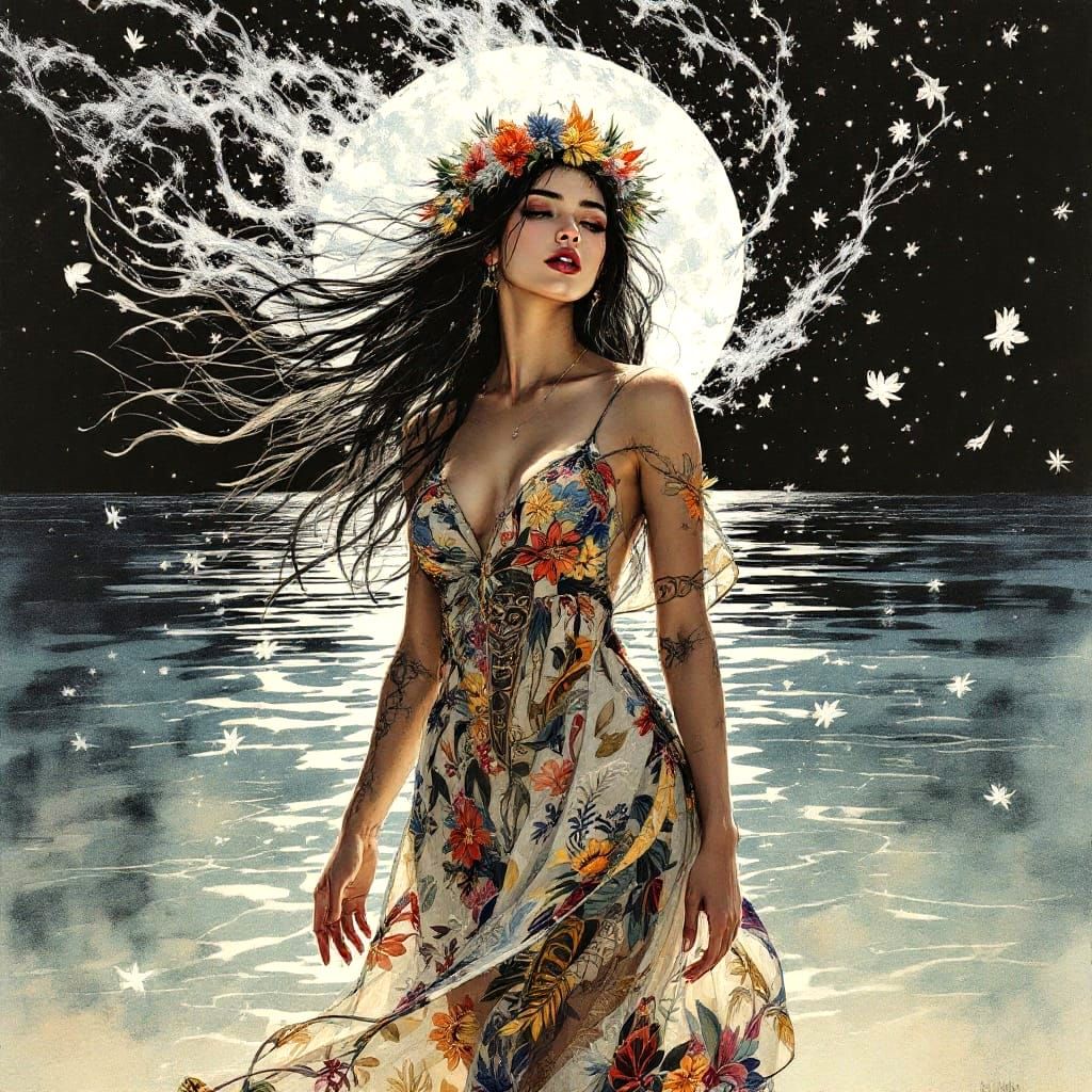 Radiant Polynesian Goddess in Frosty Tropical Twilight