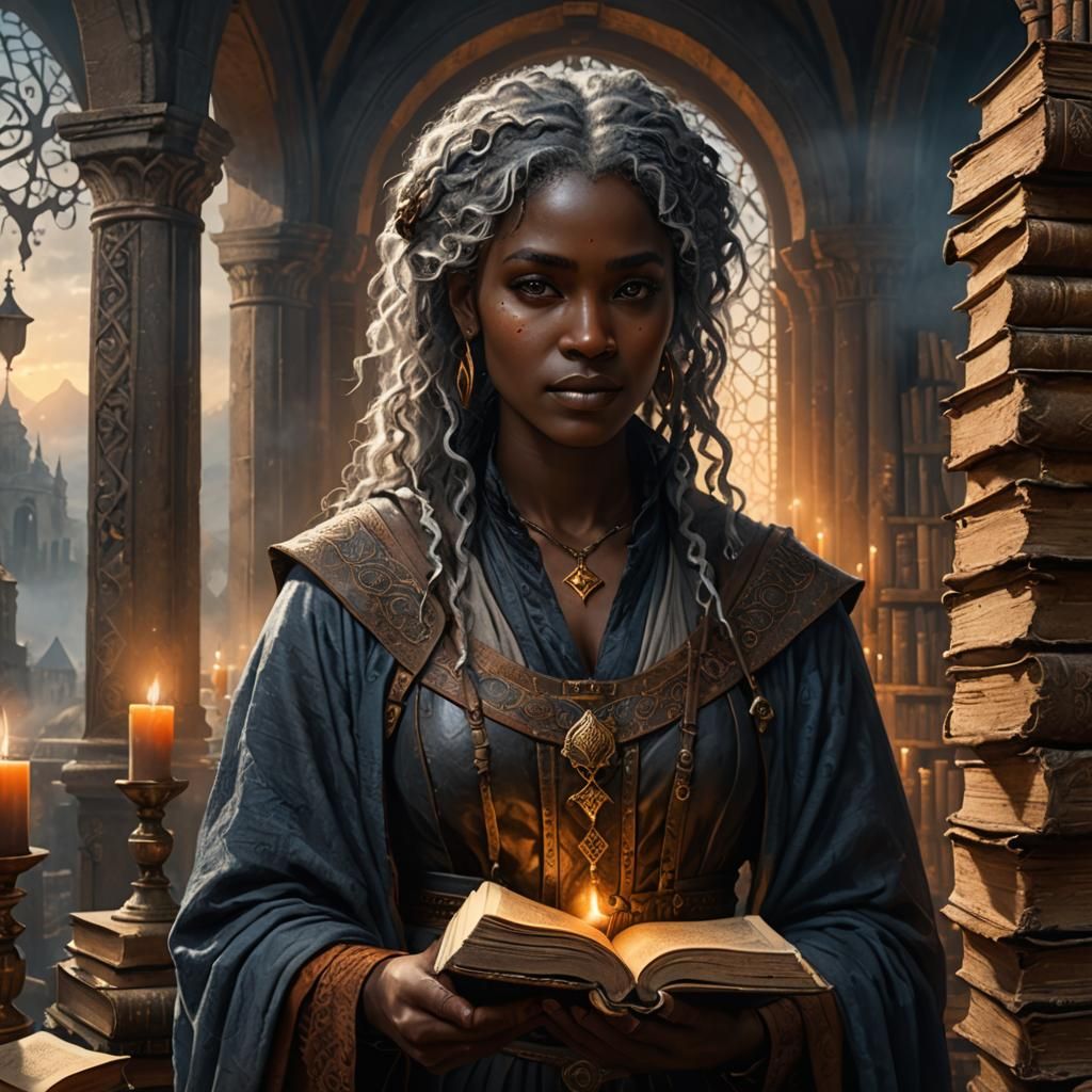 Mystical Woman with Ancient Tomes: Gothic Fantasy Art