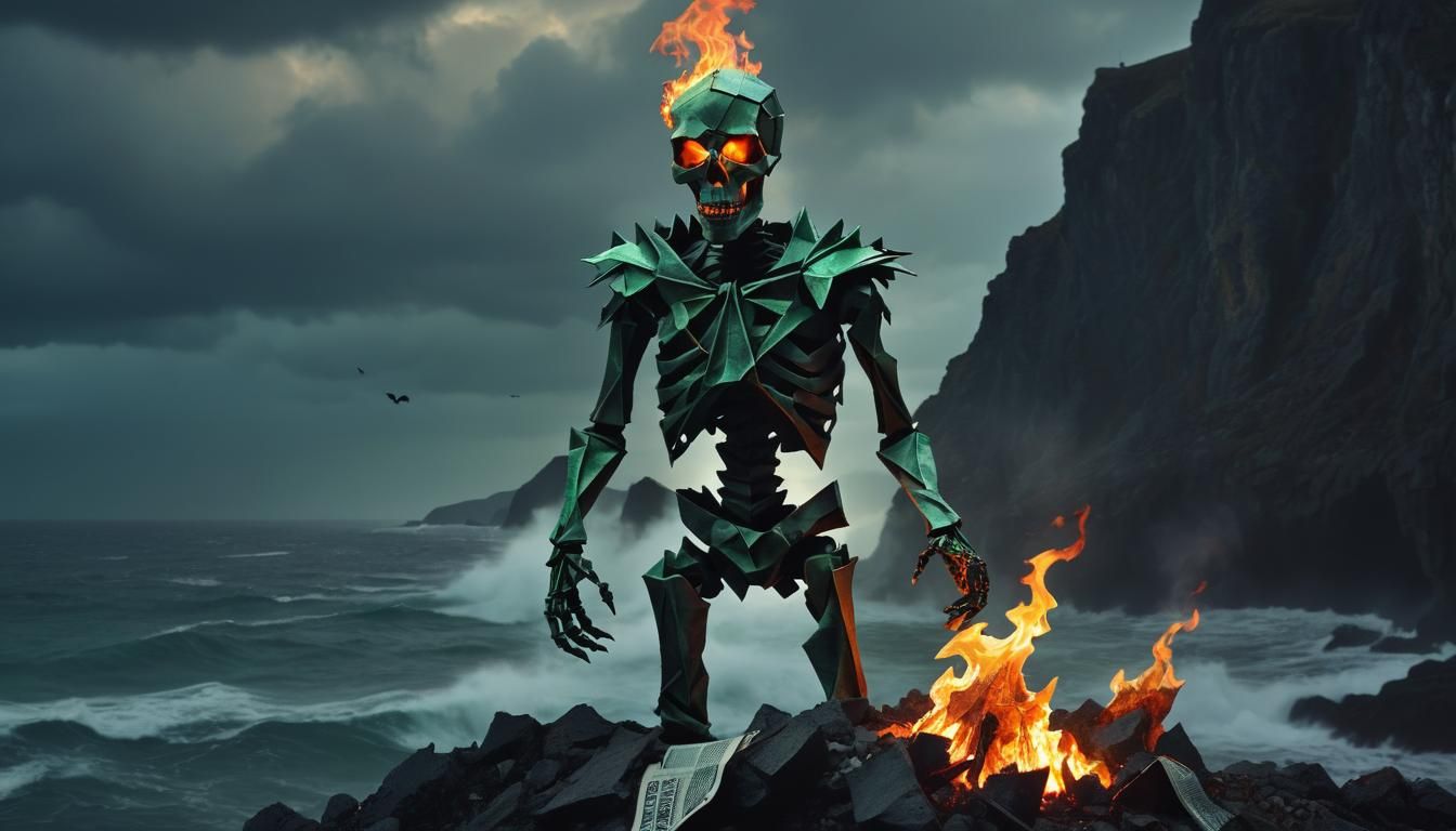 Burning Origami Zombie Skeleton in Dark Fantasy Style