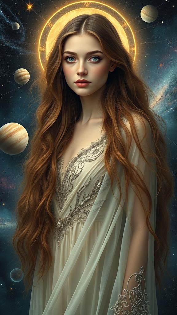 Ethereal Woman with Starry Background in Pre-Raphaelite Styl...