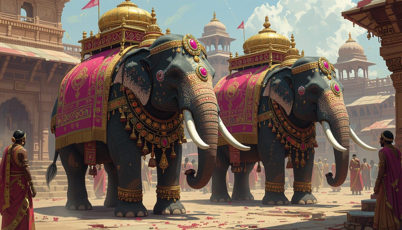 Indian War Elephants in Futuristic Digital Style