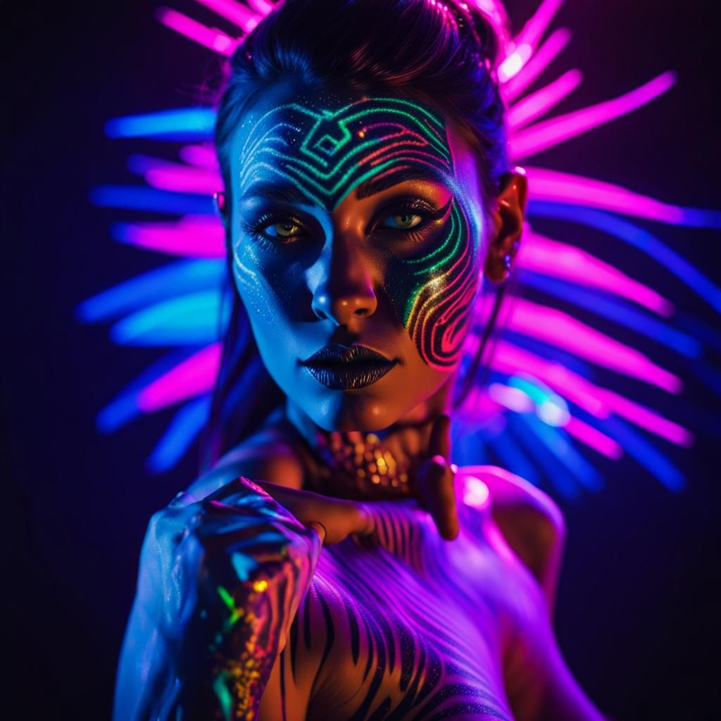 Female Model at Black Light Rave in Synthwave Style