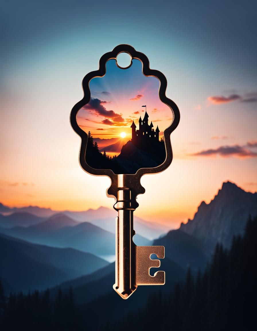 Sunset Castle Key Silhouette in Double Exposure