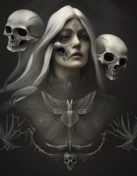 Triune goddess, destiny, bones carved with_fractals, skulls,...