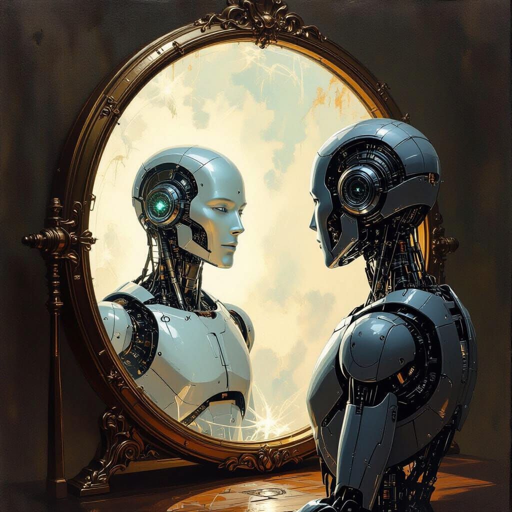Mystical Mirror Reflects AI Robot Predicting Future