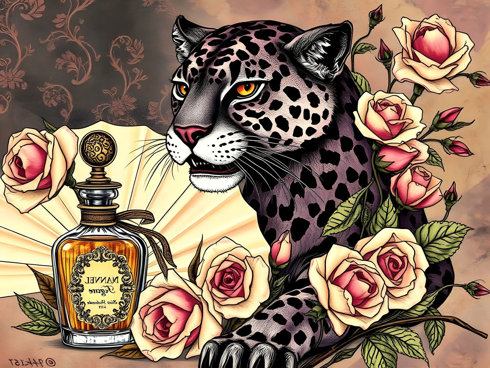 Dark Romance Collage Panther with Roses and Fan