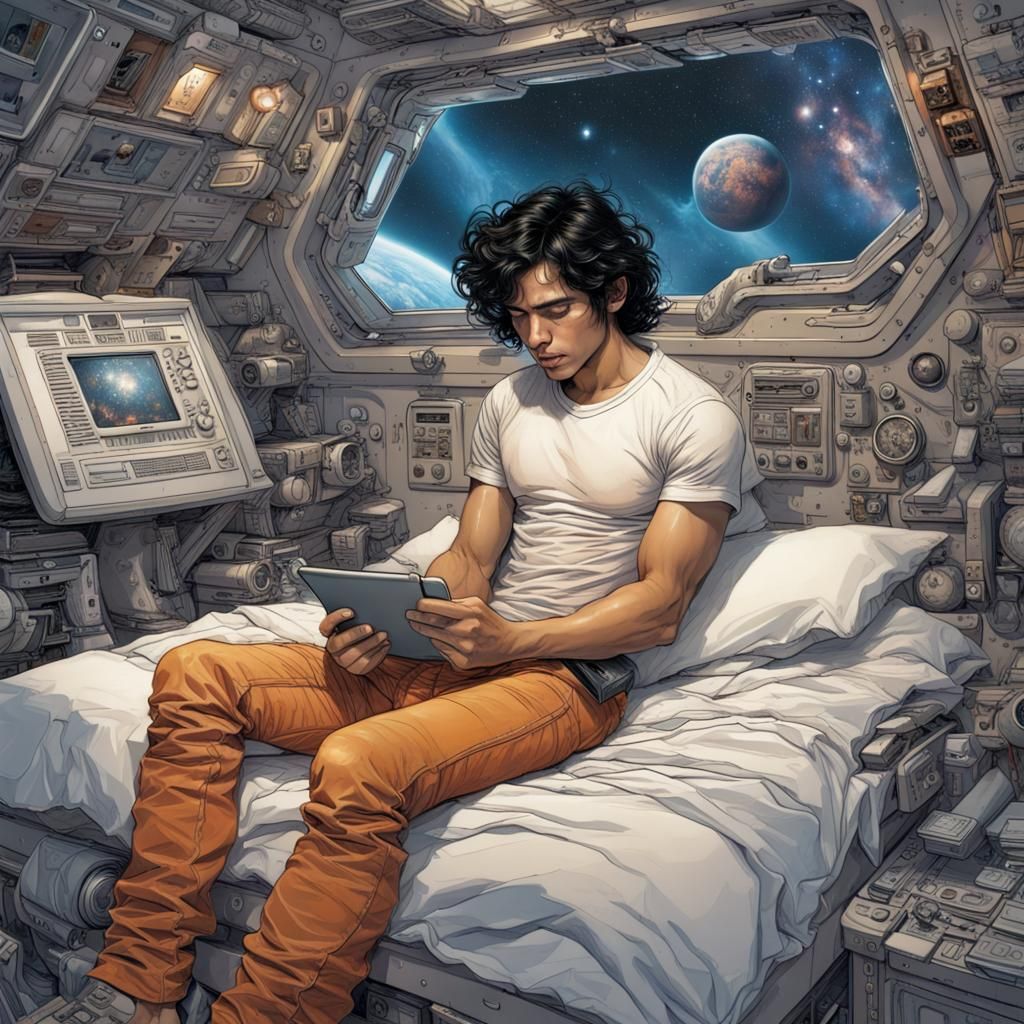 Latino Man Reads iPad on Spaceship in Hyperrealistic Style