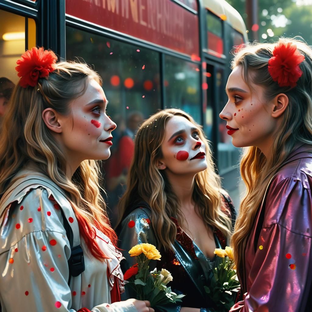 The Olsen Sisters as Clowns at a Bus Stop