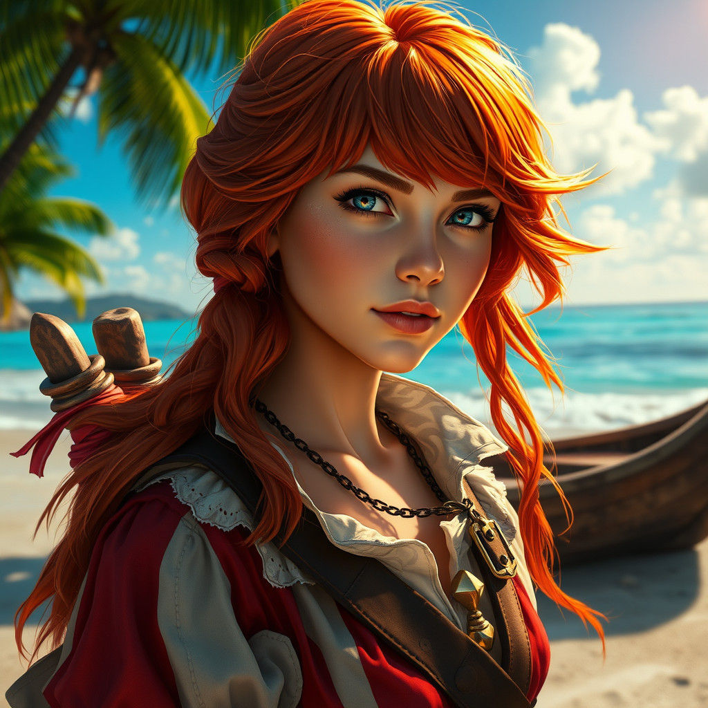 Young Red-Haired Pirate on Tropical Beach