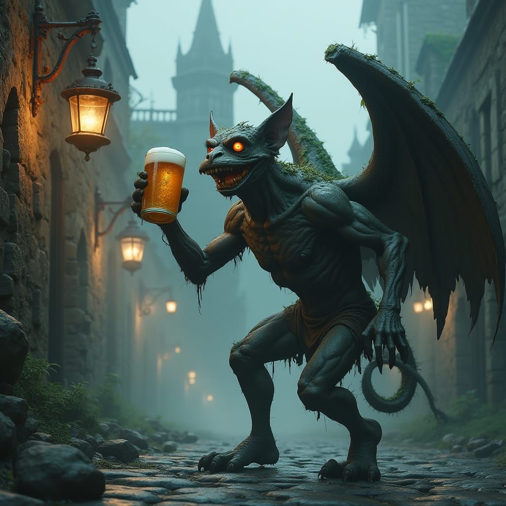 Gargoyle in Gothic Revival Style Stumbles Down Misty Cobbles...
