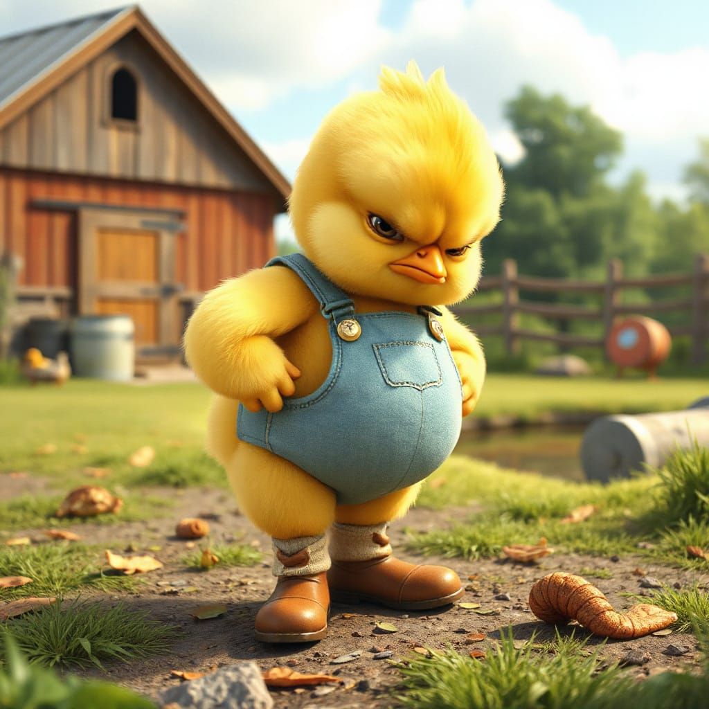 Grumpy Chick in Overalls: 3D Rendered Whimsy