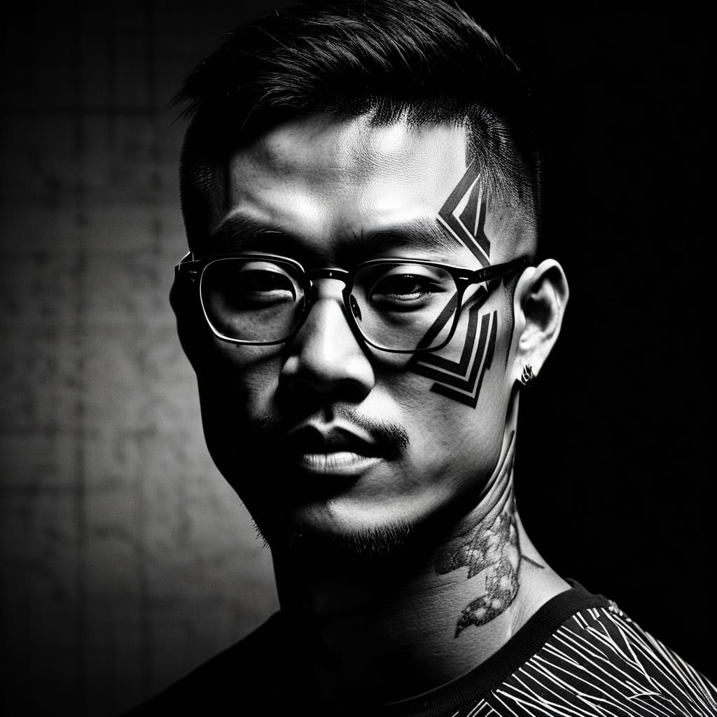 Striking Portrait of Young Man with Geometric Tattoo