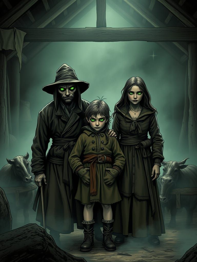 Eerie European rural farm family with spooky green eyes, 180...