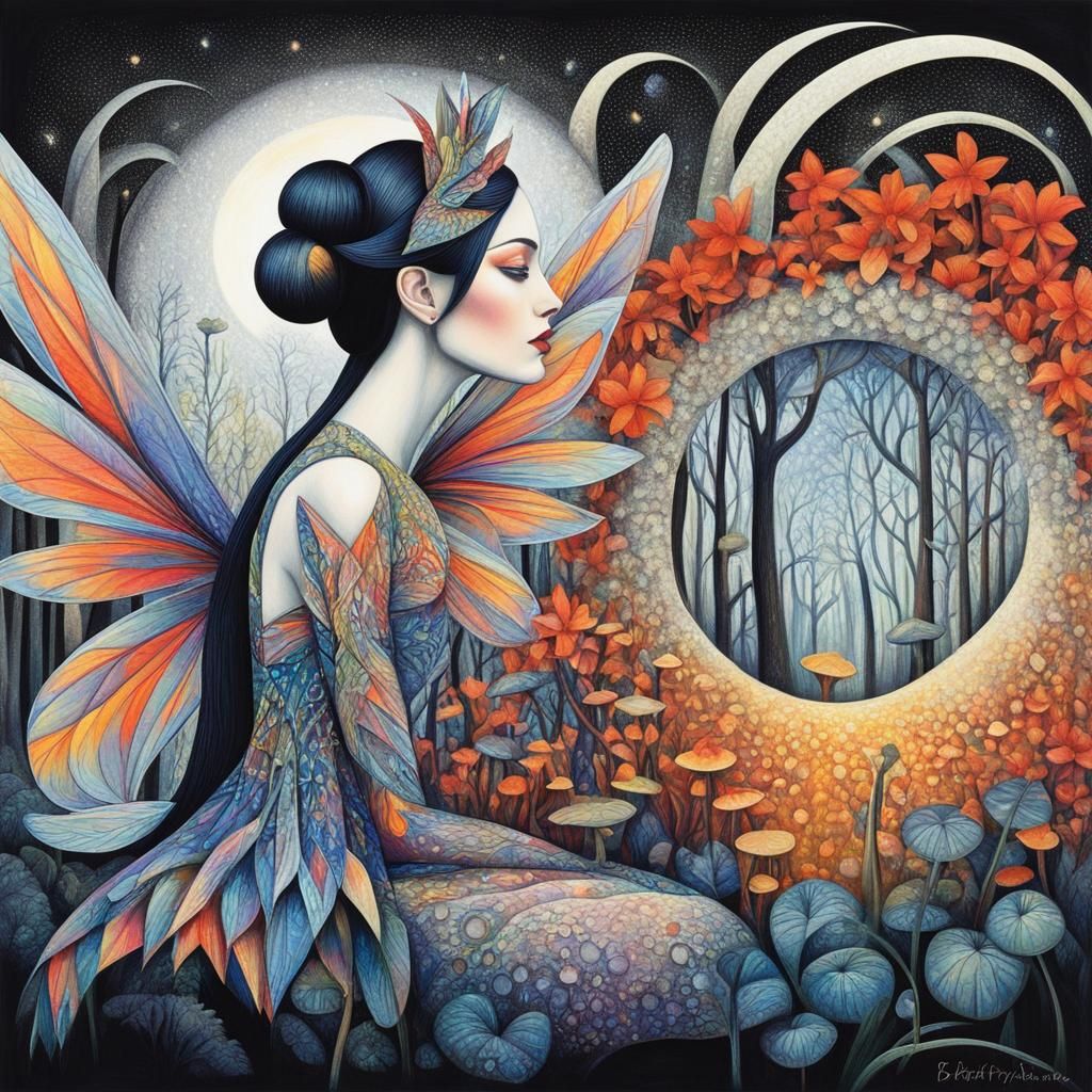 Iridescent Fairy on Mushroom with Cubist Wings