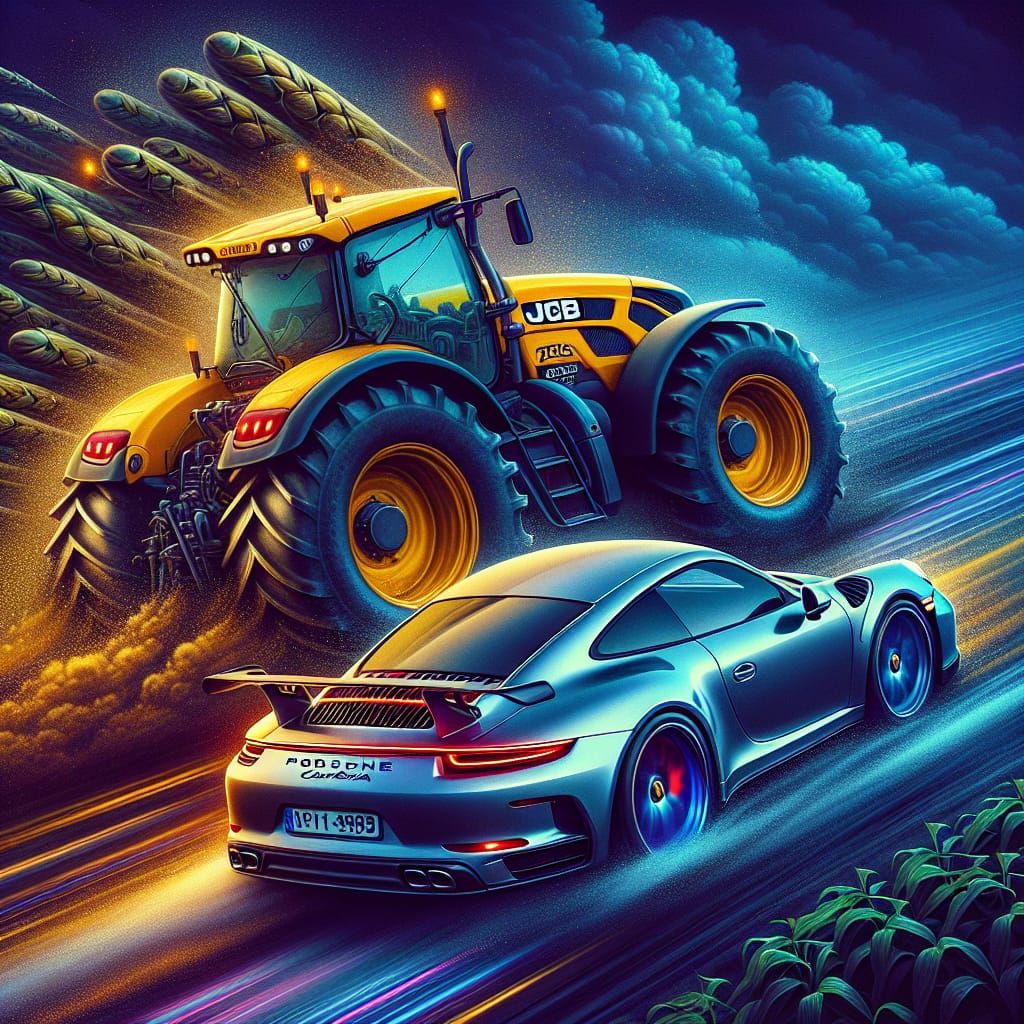 JCB Fastrac 4220 tractor overtakes  Porsche Carrera 911s