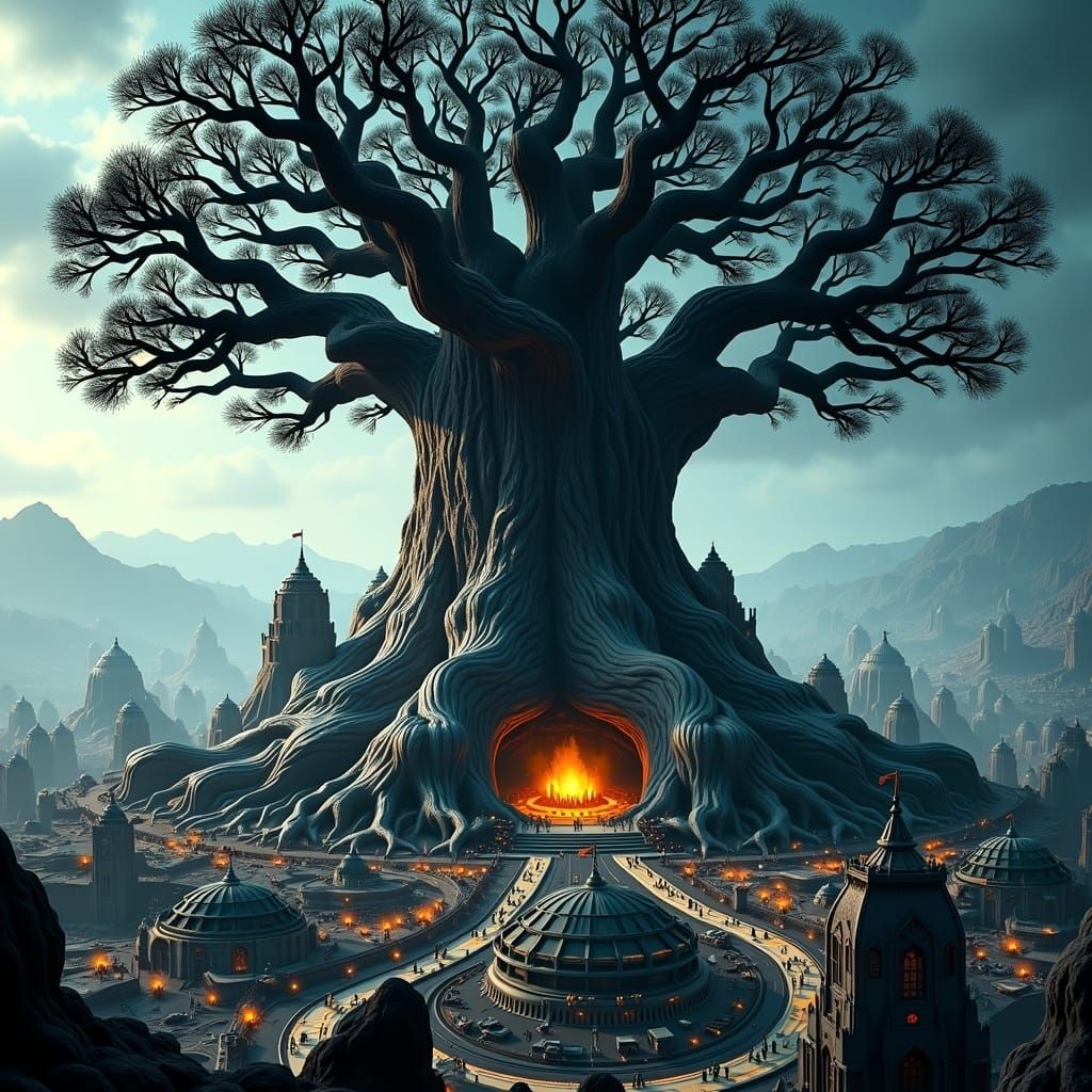 Futuristic City Under Giant Tree in Sci-Fi Landscape