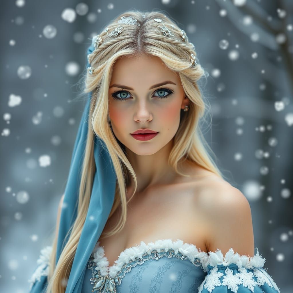 Blonde Woman in Sapphire Dress Amid Snowstorm
