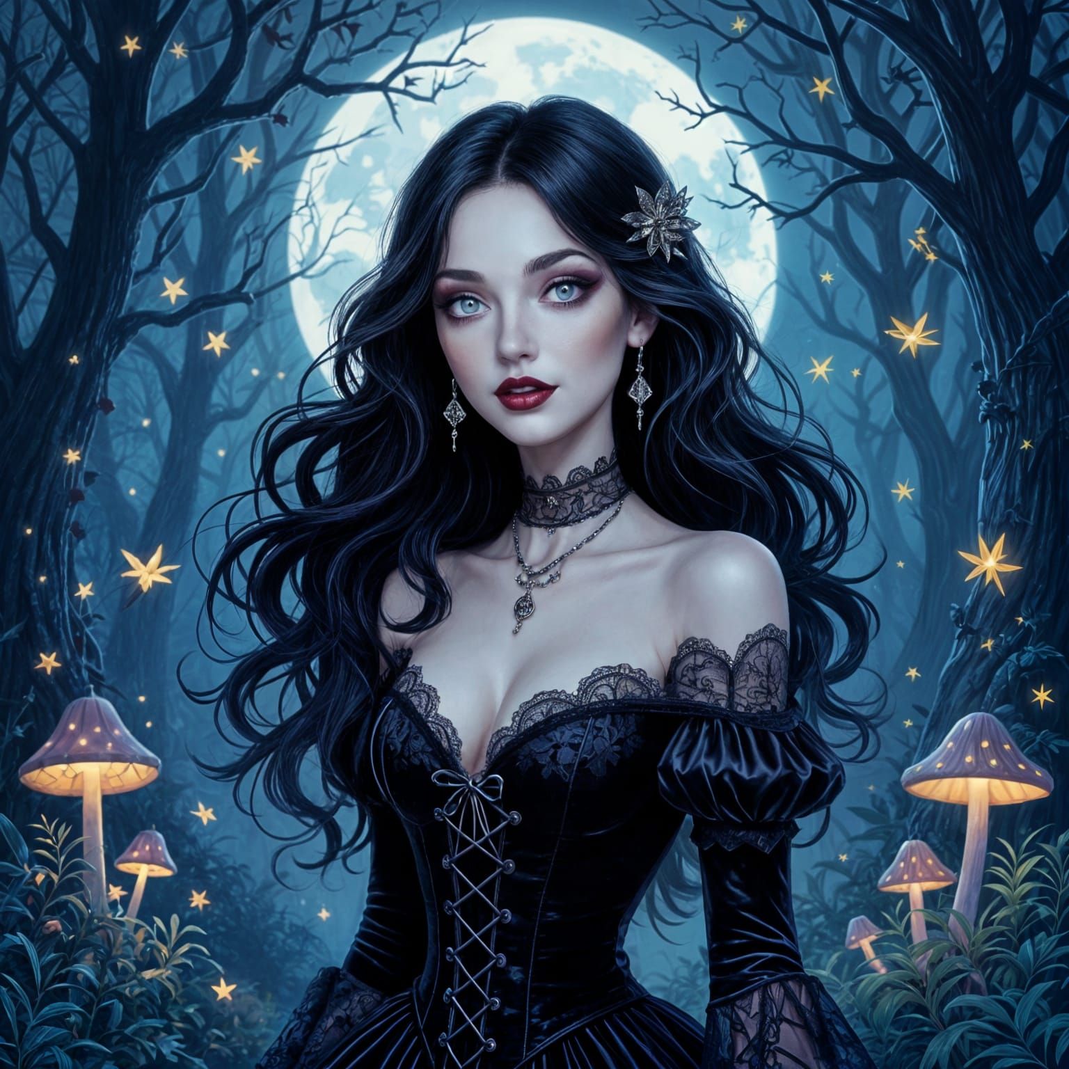 Whimsical Goth Woman in Moonlit Enchanted Forest