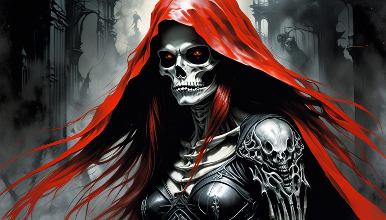 Grim Reaper Transformed as a Powerful Female Figure in a Dar...