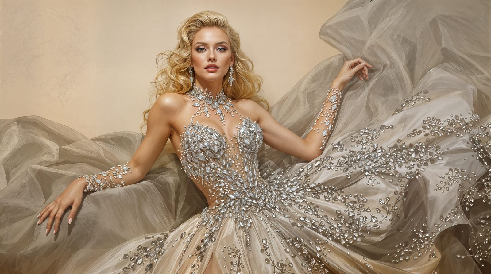 Glamorous Blonde Woman in a Diamond Gown