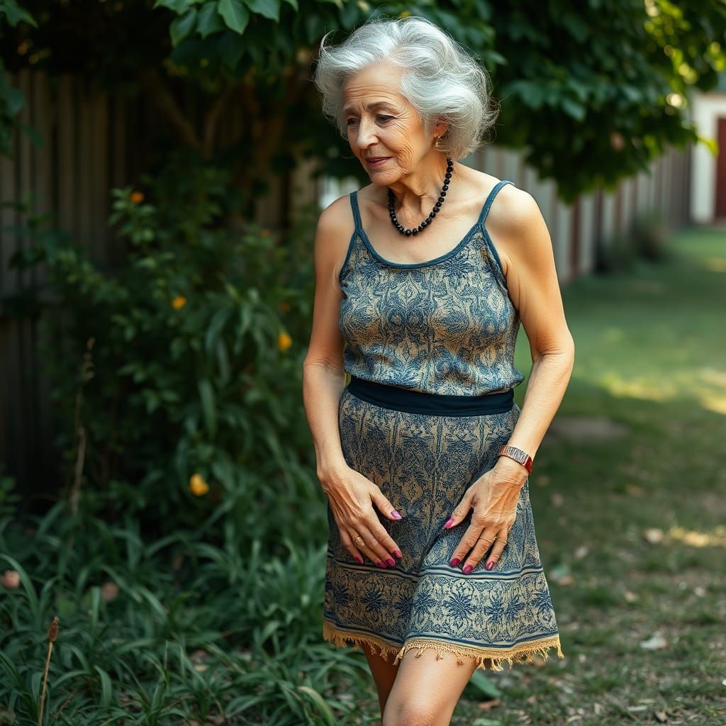 Beautiful Older Woman in Mini Skirt Outdoors