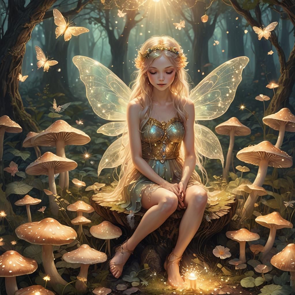 Fairy on Mushroom in Glowing Forest: Digital Art
