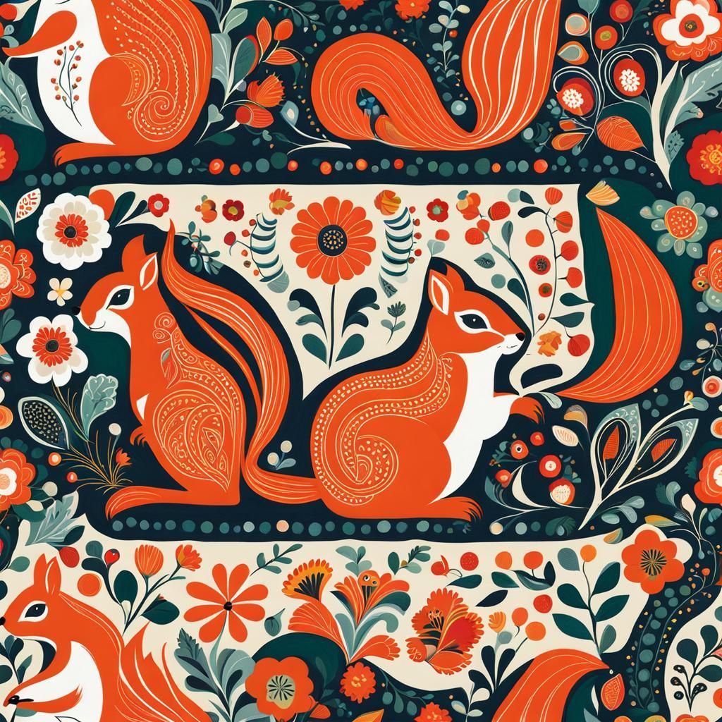 Squirrels in Scandinavian Folk Art Style
