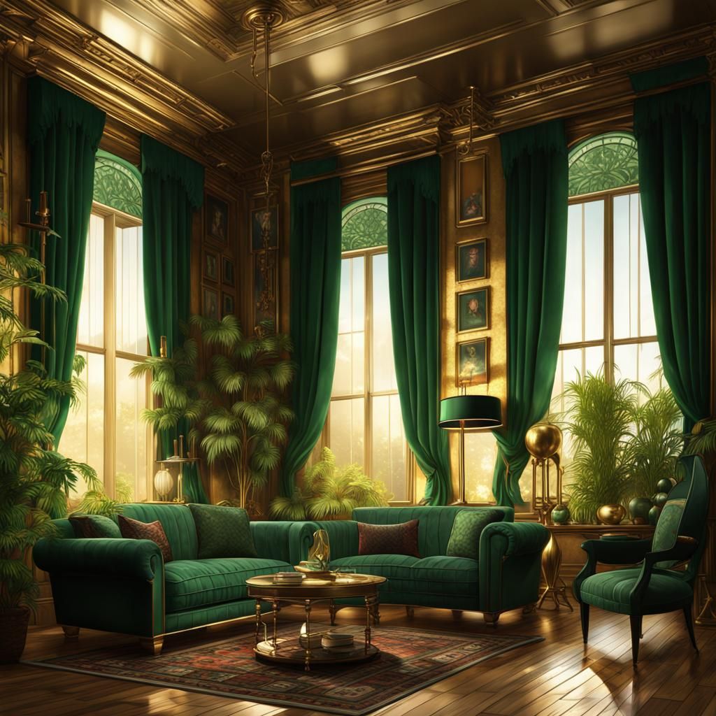 Cozy Art Deco Living Room with Metallic Tones