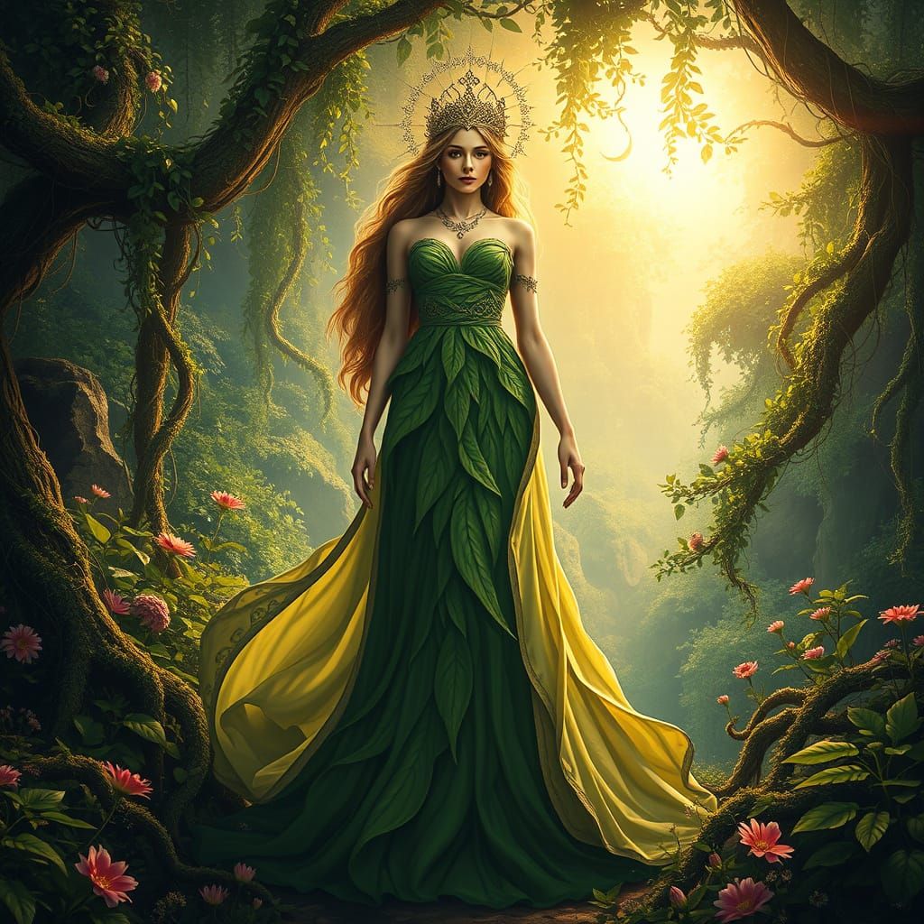 Surreal Goddess Embracing Earthly Paradise in High-Contrast ...