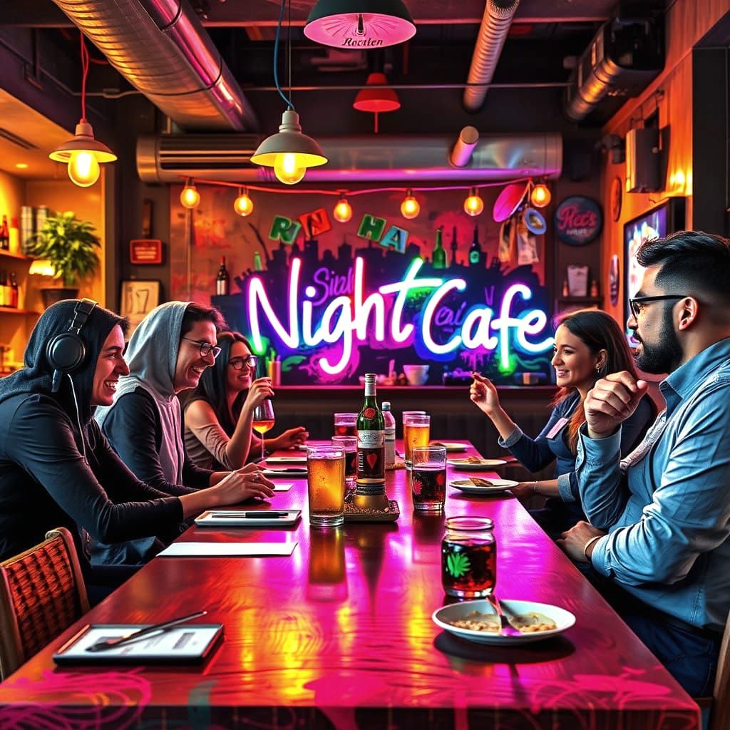 Vibrant Night Cafe Celebration in Street Art Style