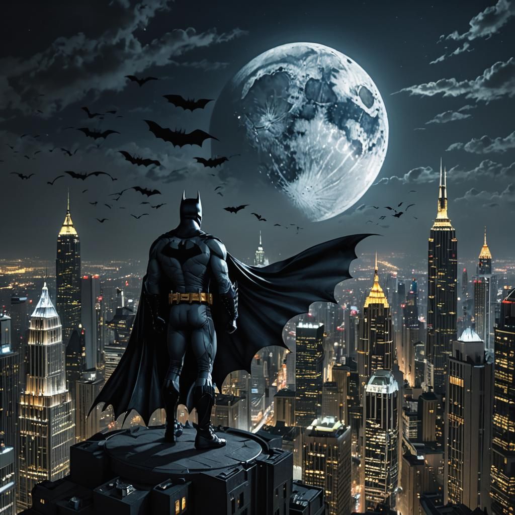 Batman Overlooking Cityscape at Night Under Full Moon