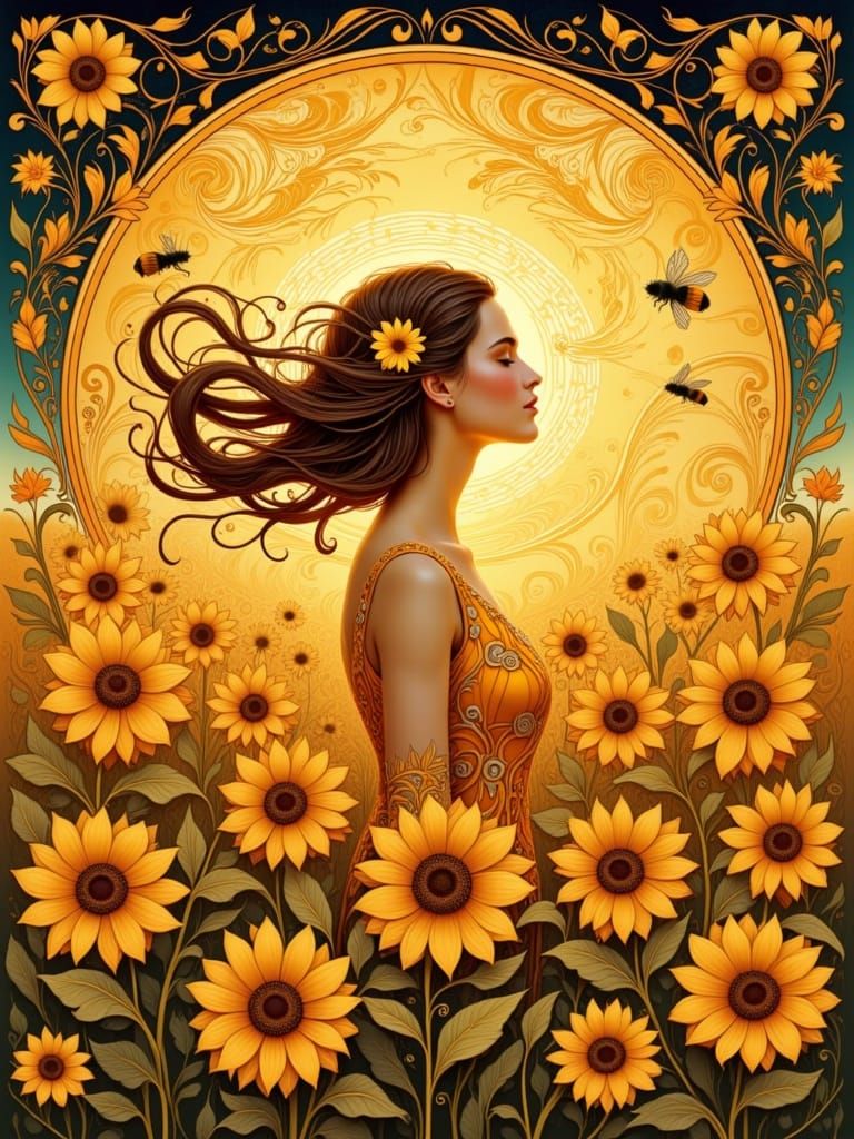 Sun Maiden in Folk Art Nouveau Style