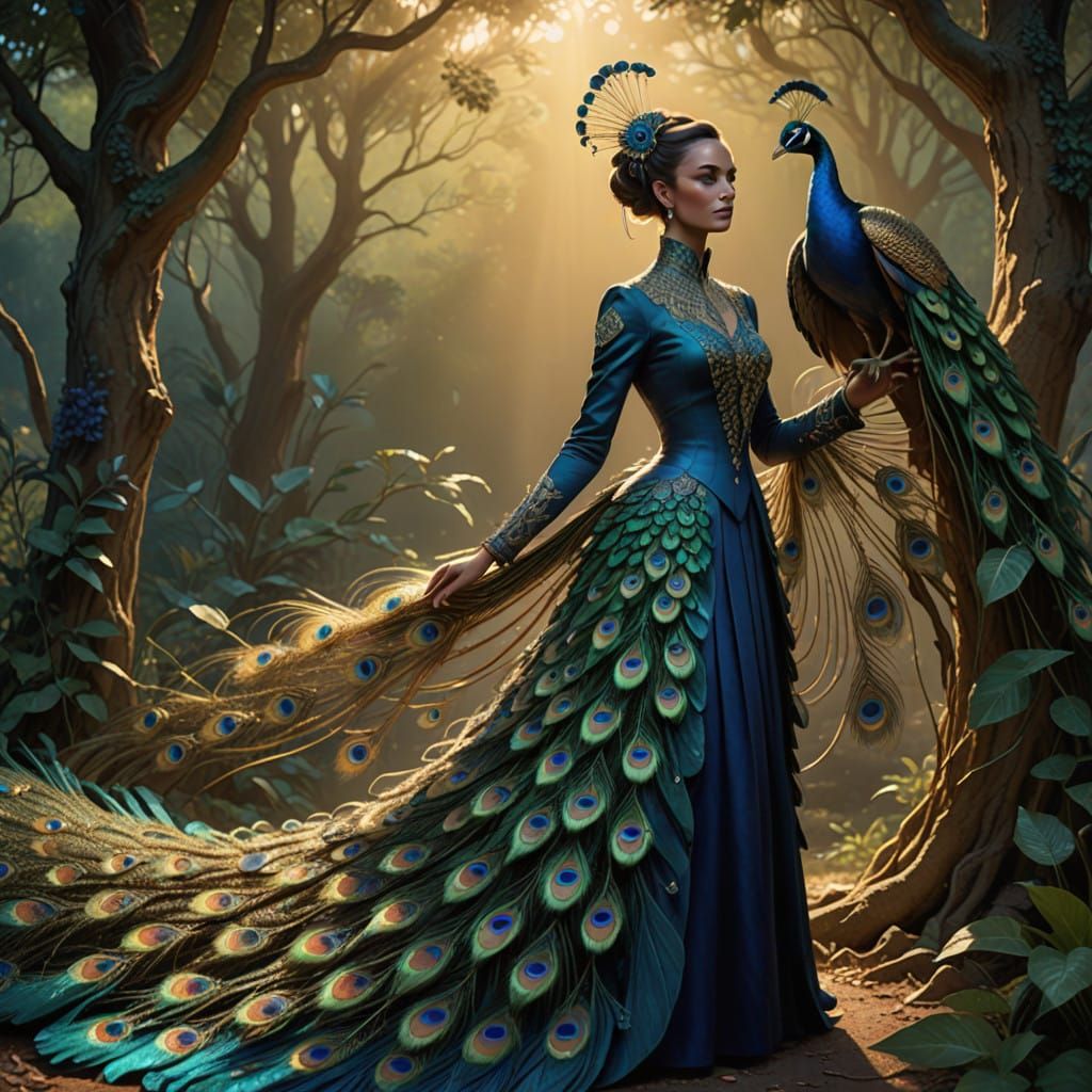 Ethereal Peacock Goddess in Morning Dew